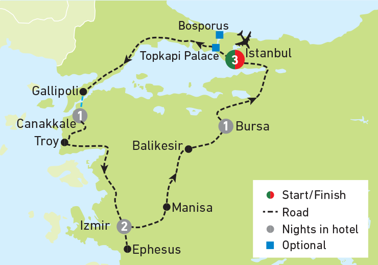 Istanbul, Troy & Ephesus tour map