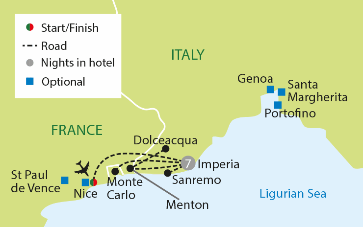 French & Italian Riviera Splendour tour map