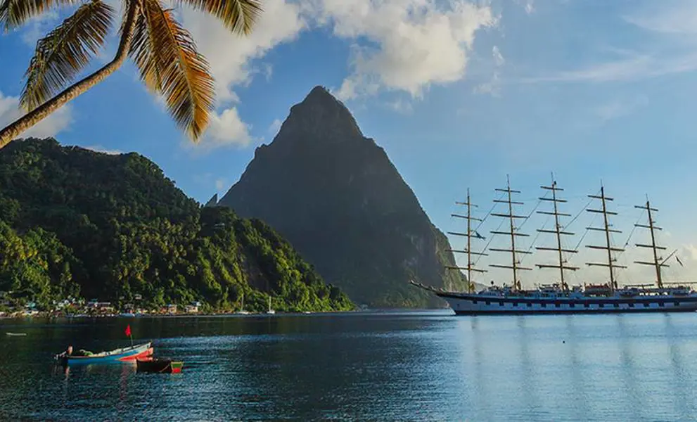 A large pirate-style ship by Pitons, St Lucia